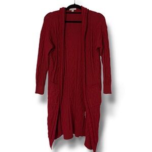 Elegant Red Cable Knit hooded open Cardigan Large